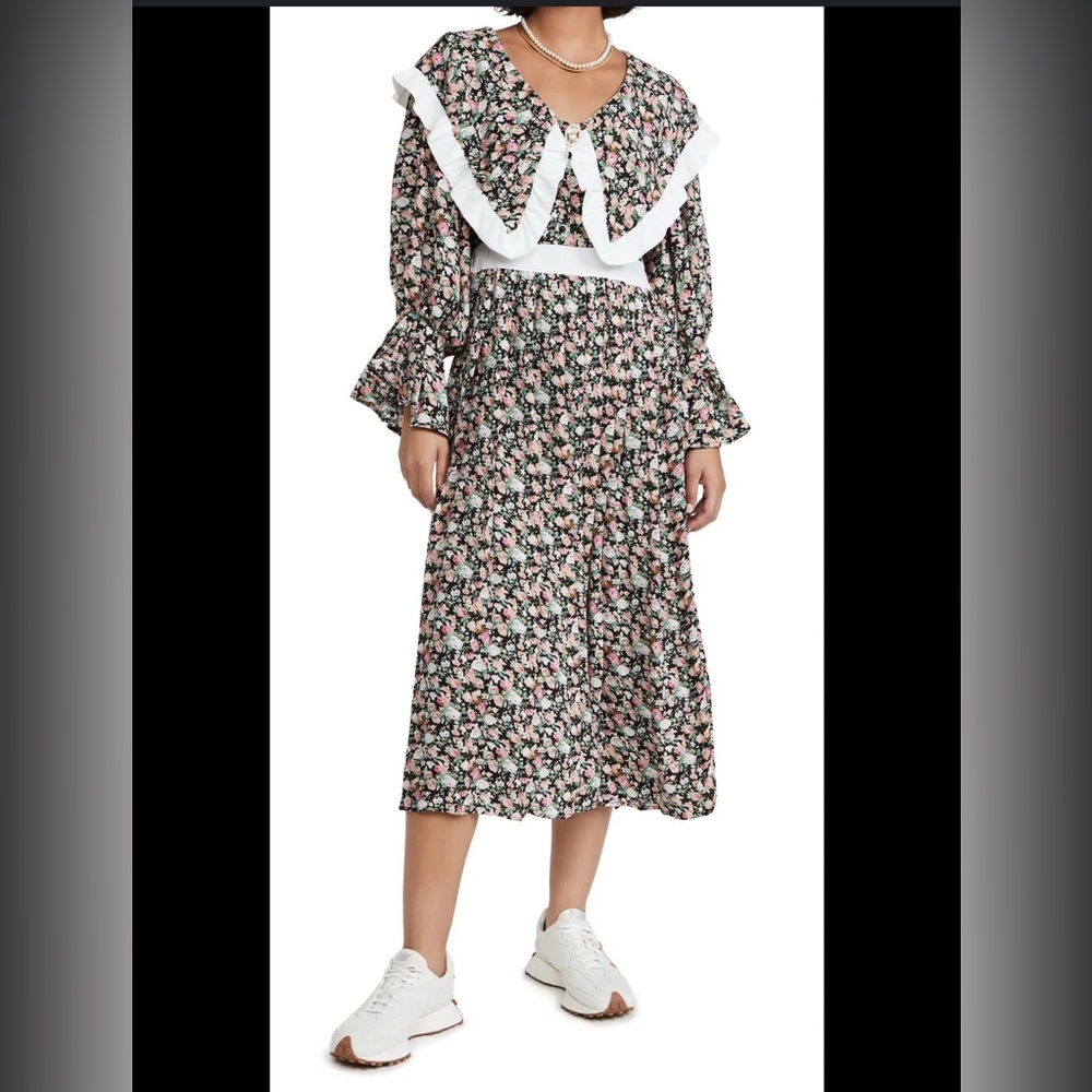 NEW Sister Jane Niece Oversized Ruffled Collar Floral Pleated Midi Dress Size S